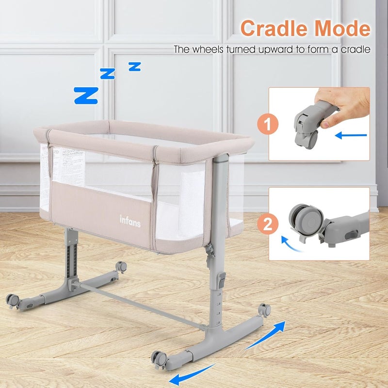 INFANS 3 in 1 Baby Bassinet, Bedside Sleeper for Newborn, Folding Crib with Mattress, Travel Bag, Wheels, 4-Sided Mesh, Easy to Assemble Cradle Co Sleeper Stationary, Rock (Beige) - Image 2